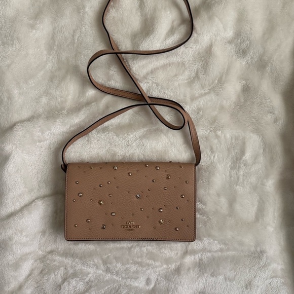 Coach LIKE NEW Foldover Crossbody Clutch w/ Celestial Studs (F30050) - Tan - Picture 1 of 17